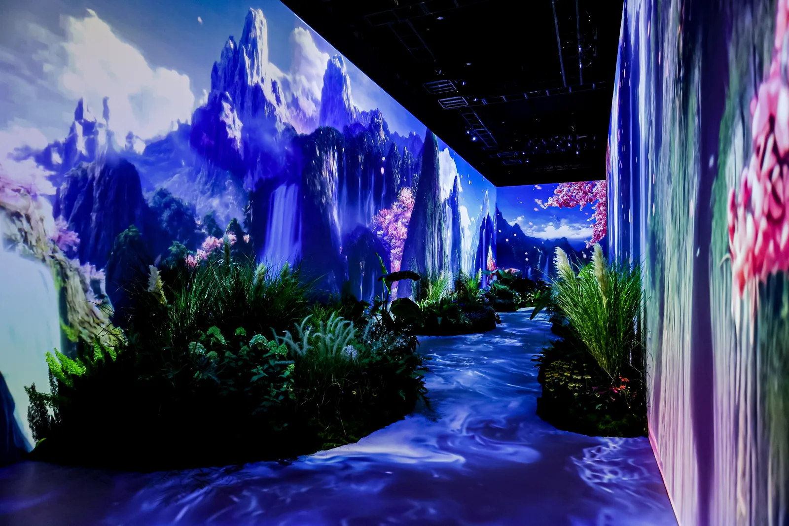 Mountains and waterfalls become an immersive environment.