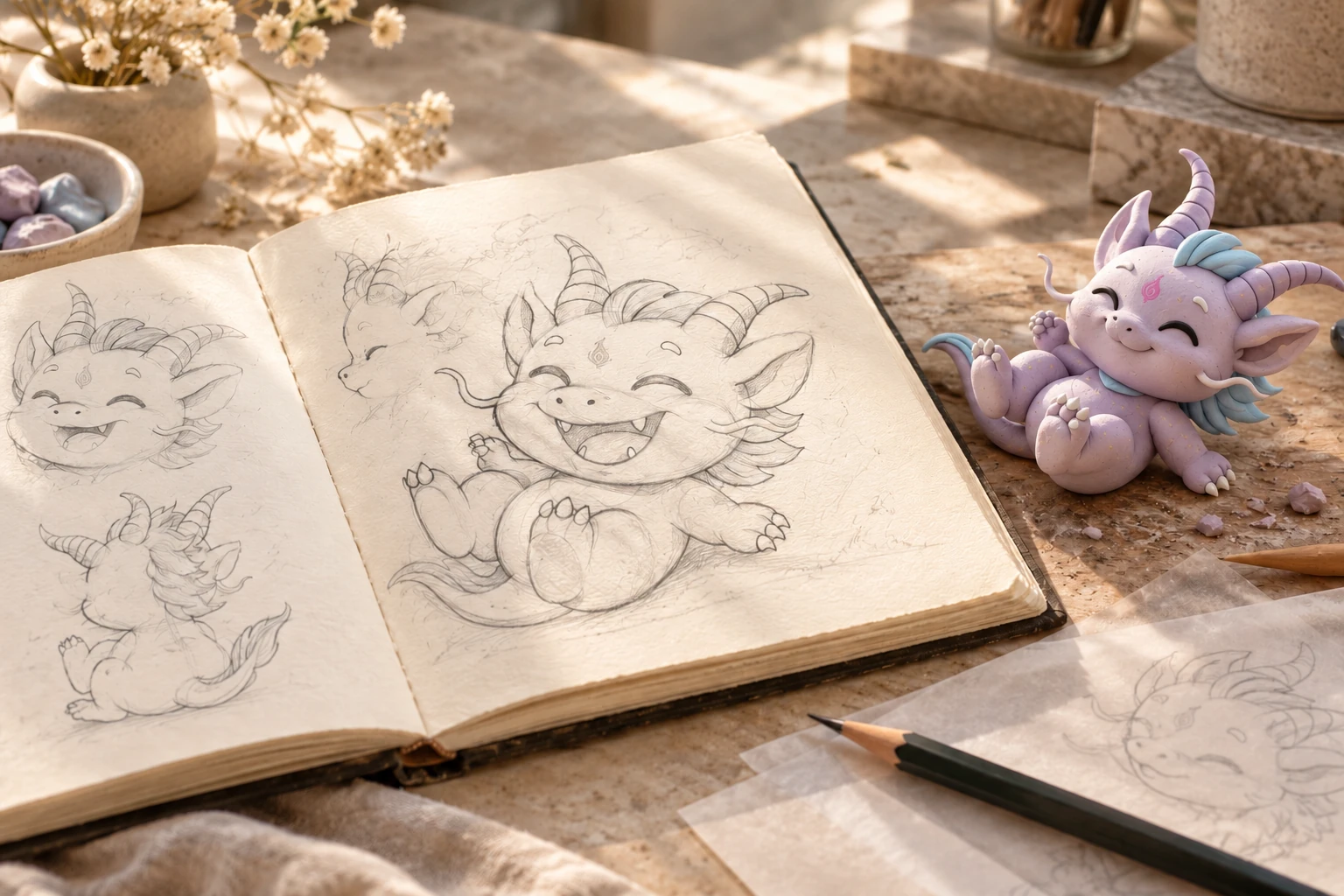 Concept image of ZuZu character sketches beside a small clay model on an artist’s worktable