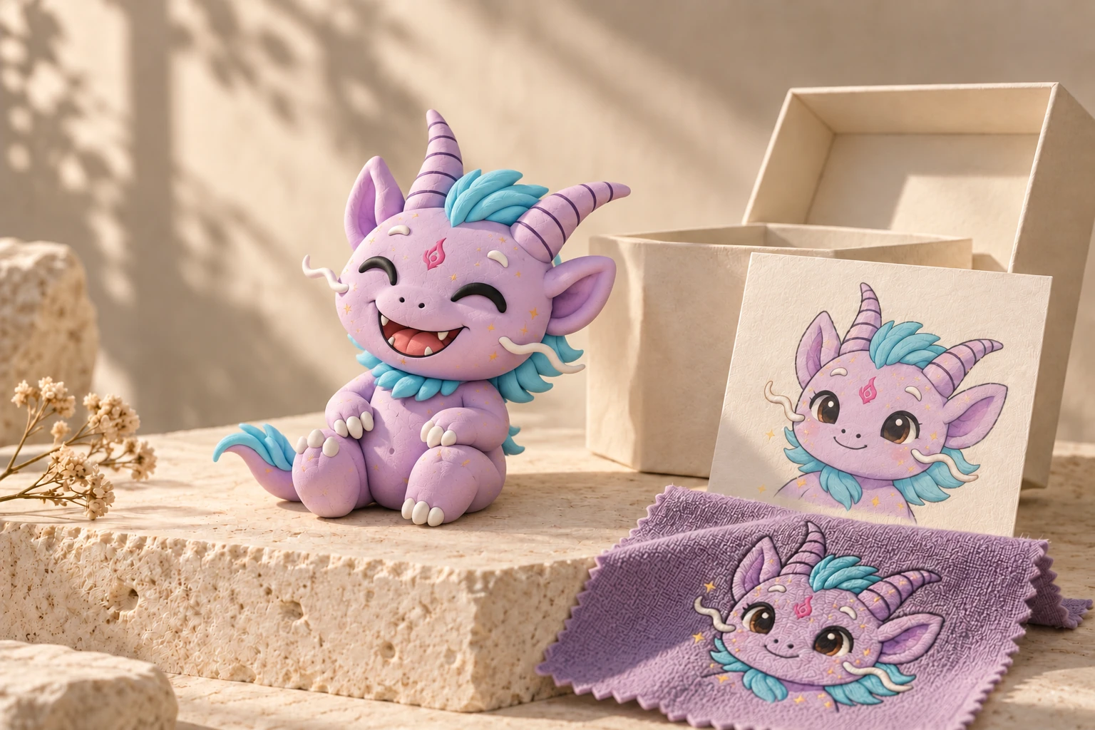 Product concept with a ZuZu collectible, illustrated art card and embroidered fabric