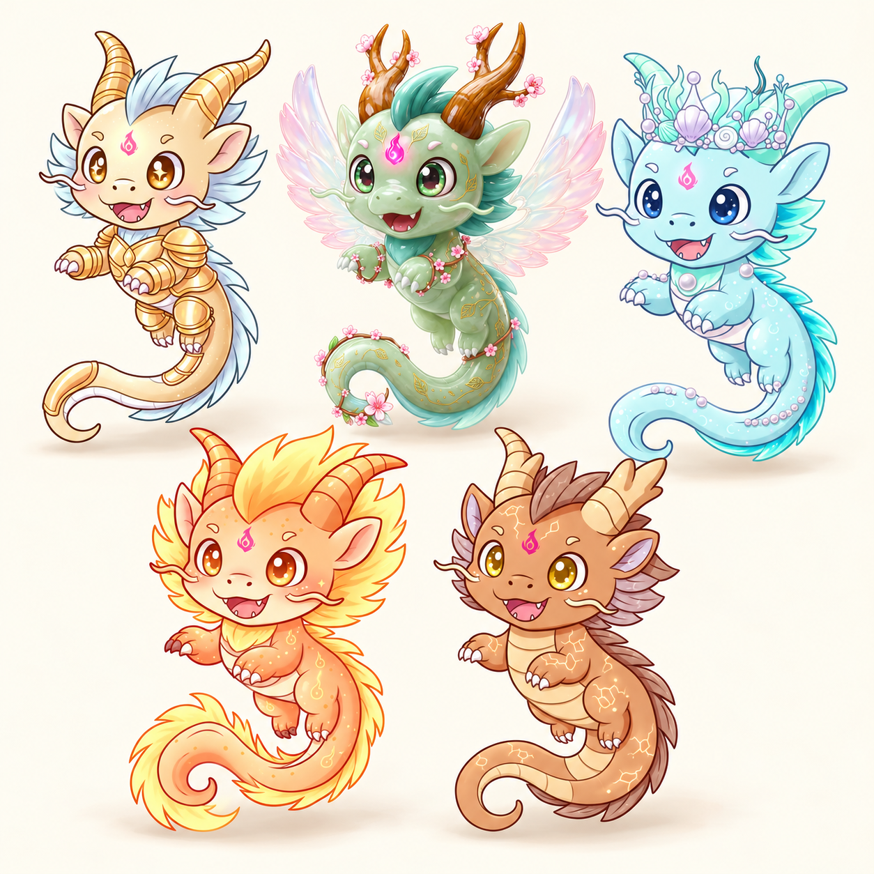 All five elemental ZuZu forms together: Metal, Wood, Water, Fire and Earth